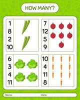 How many counting game with vegetables. worksheet for preschool kids, kids activity sheet, printable worksheet vector