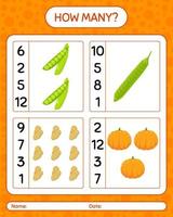 How many counting game with vegetables. worksheet for preschool kids, kids activity sheet, printable worksheet vector