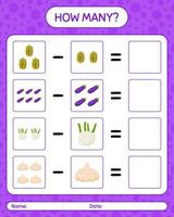 How many counting game with vegetables. worksheet for preschool kids, kids activity sheet, printable worksheet vector