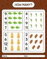 How many counting game with vegetables. worksheet for preschool kids, kids activity sheet, printable worksheet vector