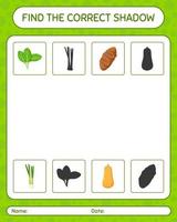 Find the correct shadows game with vegetables. worksheet for preschool kids, kids activity sheet vector