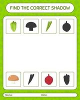 Find the correct shadows game with vegetables. worksheet for preschool kids, kids activity sheet vector