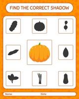 Find the correct shadows game with , pumpkin. worksheet for preschool kids, kids activity sheet vector