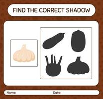 Find the correct shadows game with garlic. worksheet for preschool kids, kids activity sheet vector