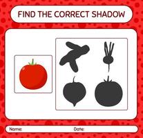 encuentra el juego de sombras correcto con tomate. hoja de trabajo para niños en edad preescolar, hoja de actividades para niños vector