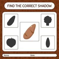 Find the correct shadows game with yam root. worksheet for preschool kids, kids activity sheet vector