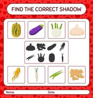 encuentra el juego de sombras correcto con vegetales. hoja de trabajo para niños en edad preescolar, hoja de actividades para niños vector