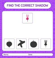 Find the correct shadows game with turnip. worksheet for preschool kids, kids activity sheet vector