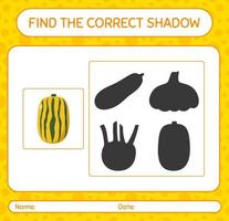 Find the correct shadows game with delicata squash. worksheet for preschool kids, kids activity sheet vector