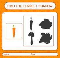 encuentra el juego de sombras correcto con zanahoria. hoja de trabajo para niños en edad preescolar, hoja de actividades para niños vector