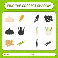 Find the correct shadows game with vegetables. worksheet for preschool kids, kids activity sheet vector