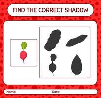 Find the correct shadows game with radish. worksheet for preschool kids, kids activity sheet vector