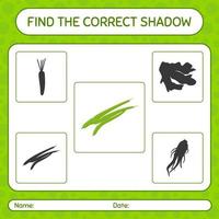 Find the correct shadows game with green bean. worksheet for preschool kids, kids activity sheet vector