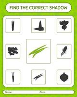 Find the correct shadows game with green bean. worksheet for preschool kids, kids activity sheet vector