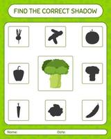 Find the correct shadows game with broccoli. worksheet for preschool kids, kids activity sheet vector