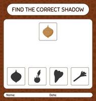 Find the correct shadows game with jicama. worksheet for preschool kids, kids activity sheet vector