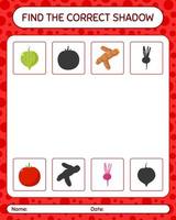 Find the correct shadows game with vegetables. worksheet for preschool kids, kids activity sheet vector