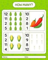 How many counting game with vegetables. worksheet for preschool kids, kids activity sheet, printable worksheet vector