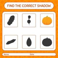 Find the correct shadows game with , pumpkin. worksheet for preschool kids, kids activity sheet vector