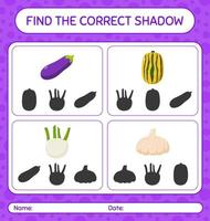 encuentra el juego de sombras correcto con vegetales. hoja de trabajo para niños en edad preescolar, hoja de actividades para niños vector