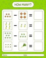 How many counting game with vegetables. worksheet for preschool kids, kids activity sheet, printable worksheet vector