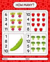 How many counting game with vegetables. worksheet for preschool kids, kids activity sheet, printable worksheet vector