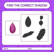 Find the correct shadows game with shallots. worksheet for preschool kids, kids activity sheet vector