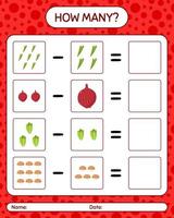 How many counting game with vegetables. worksheet for preschool kids, kids activity sheet, printable worksheet vector