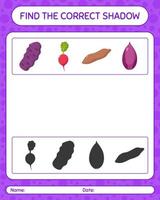 Find the correct shadows game with vegetables. worksheet for preschool kids, kids activity sheet vector