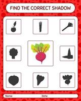 Find the correct shadows game with beet root. worksheet for preschool kids, kids activity sheet vector