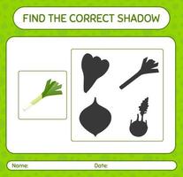 Find the correct shadows game with leek. worksheet for preschool kids, kids activity sheet vector