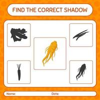 Find the correct shadows game with ginseng. worksheet for preschool kids, kids activity sheet vector