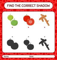 Find the correct shadows game with vegetables. worksheet for preschool kids, kids activity sheet vector