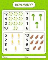 How many counting game with vegetables. worksheet for preschool kids, kids activity sheet, printable worksheet vector
