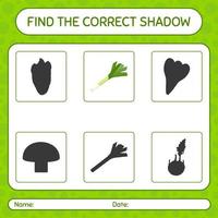 Find the correct shadows game with leek. worksheet for preschool kids, kids activity sheet vector