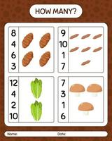 How many counting game with vegetables. worksheet for preschool kids, kids activity sheet, printable worksheet vector