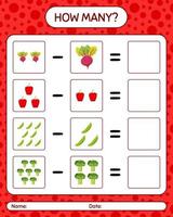 How many counting game with vegetables. worksheet for preschool kids, kids activity sheet, printable worksheet vector