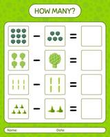 How many counting game with vegetables. worksheet for preschool kids, kids activity sheet, printable worksheet vector