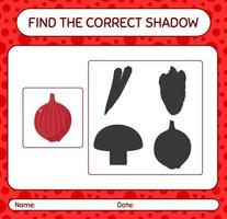 Find the correct shadows game with onion. worksheet for preschool kids, kids activity sheet vector