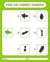 encuentra el juego de sombras correcto con espinacas. hoja de trabajo para niños en edad preescolar, hoja de actividades para niños vector