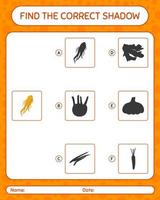 Find the correct shadows game with ginseng. worksheet for preschool kids, kids activity sheet vector