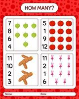 How many counting game with vegetables. worksheet for preschool kids, kids activity sheet, printable worksheet vector