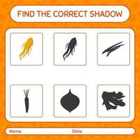 Find the correct shadows game with ginseng. worksheet for preschool kids, kids activity sheet vector