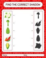 Find the correct shadows game with vegetables. worksheet for preschool kids, kids activity sheet vector