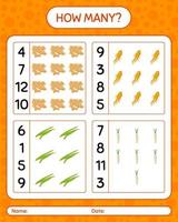 How many counting game with vegetables. worksheet for preschool kids, kids activity sheet, printable worksheet vector