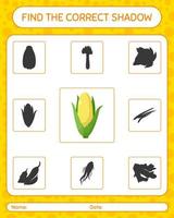 Find the correct shadows game with corn. worksheet for preschool kids, kids activity sheet vector