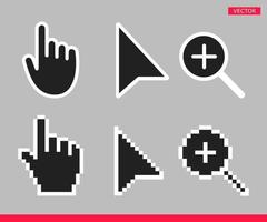 flecha en blanco y negro, mano y lupa iconos de cursor de ratón sin píxeles conjunto de ilustraciones vectoriales vector