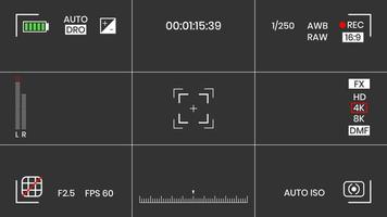 Camera viewfinder video or photo frame recorder flat style design vector illustration. Digital camera viewfinder with exposure settings and focusing grid template.