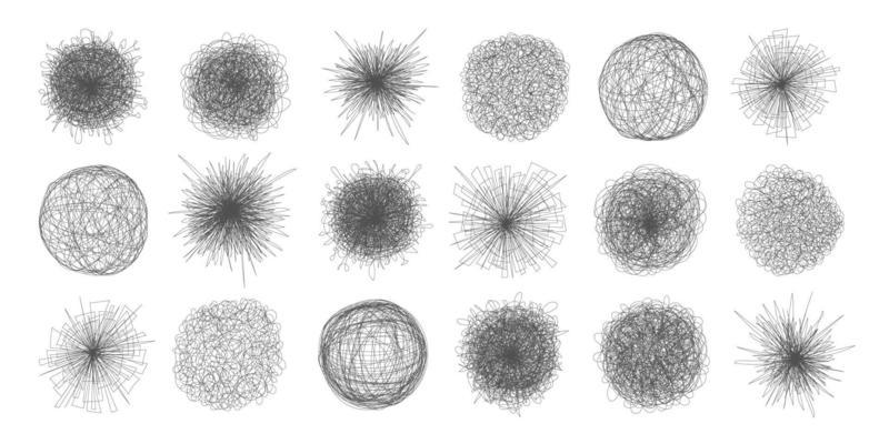Tangled chaos abstract hand drawn messy scribble ball vector illustration set.