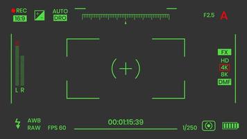 Camera viewfinder night vision video or photo frame recorder flat style design vector illustration. Digital camera viewfinder with exposure settings and focusing grid template.